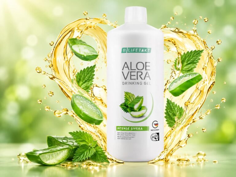 Aloe vera gel with splashes and leaves