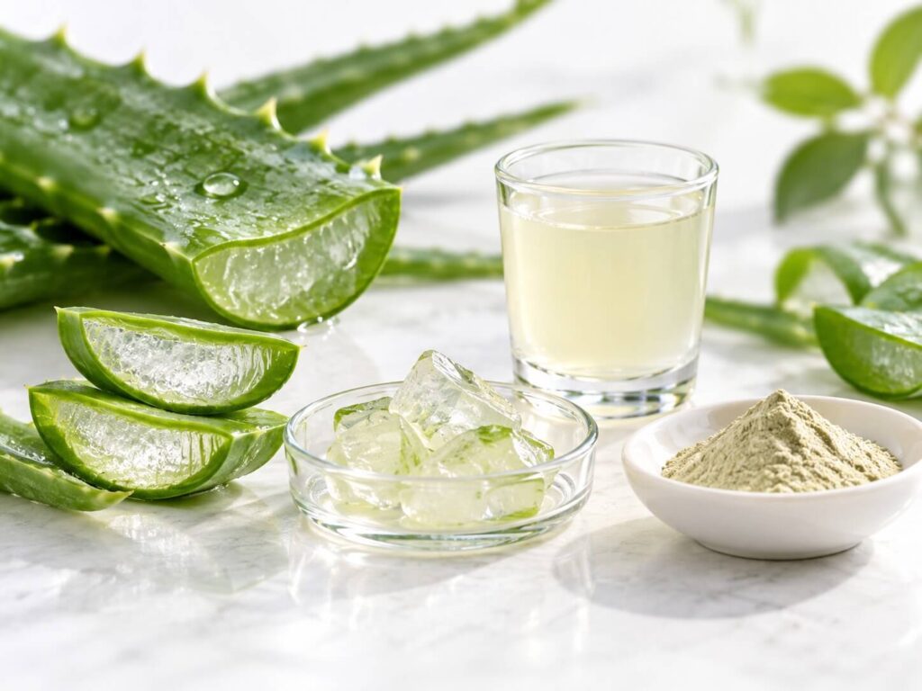 Aloe vera gel, powder, and slices.