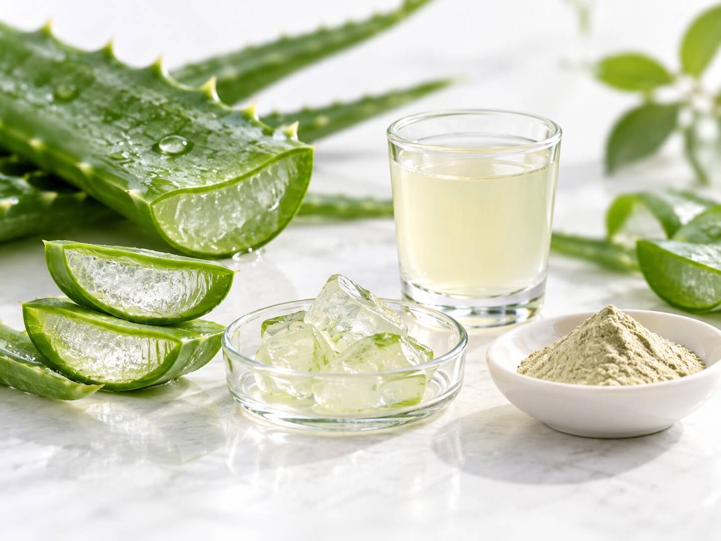 Aloe vera gel, powder, and slices.