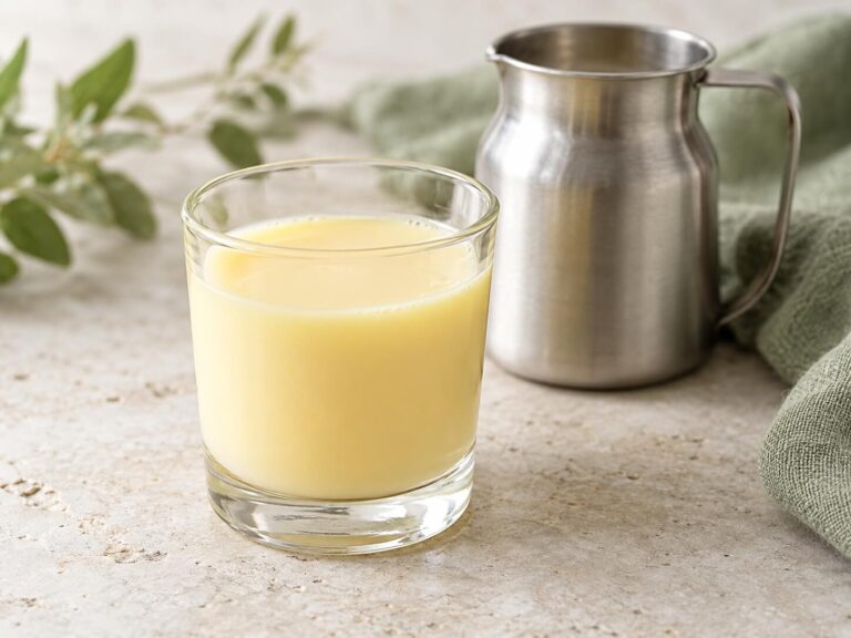 Pale creamy colostrum liquid in a glass beside a stainless steel jug