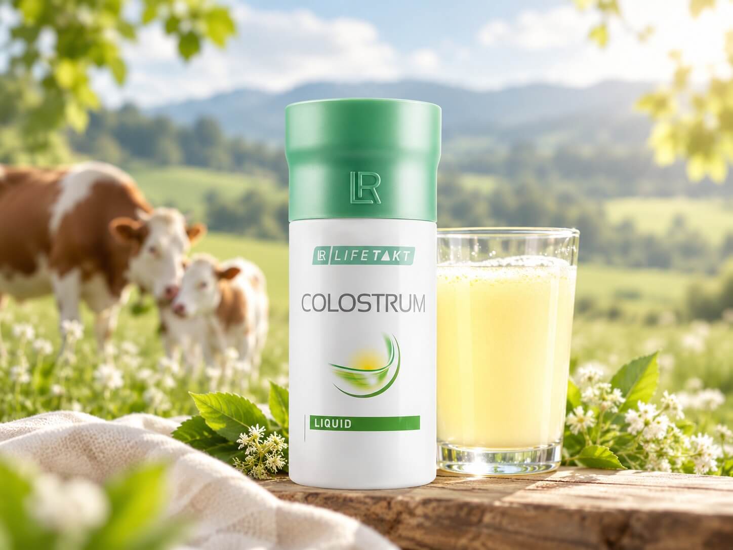 LR Colostrum Liquid bovine colostrum supplement in a meadow