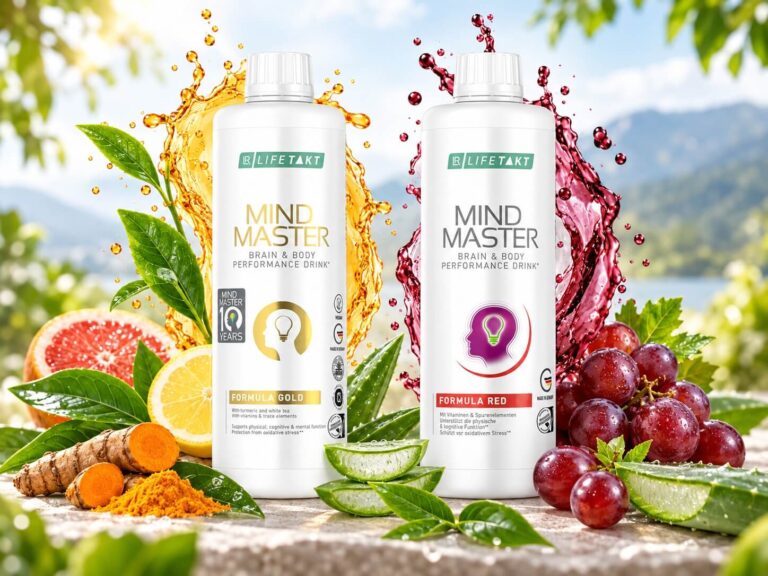 Mind Master Formula Gold and Formula Red bottles displayed together with fruit and aloe vera
