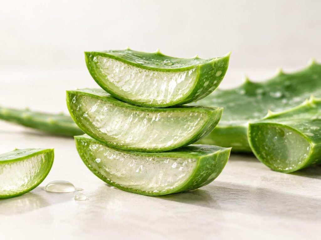 Fresh aloe vera slices stacked neatly