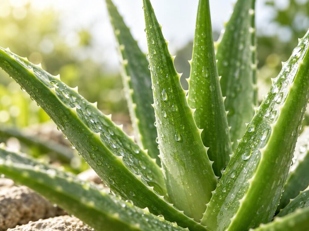 Green aloe vera plant with droplets