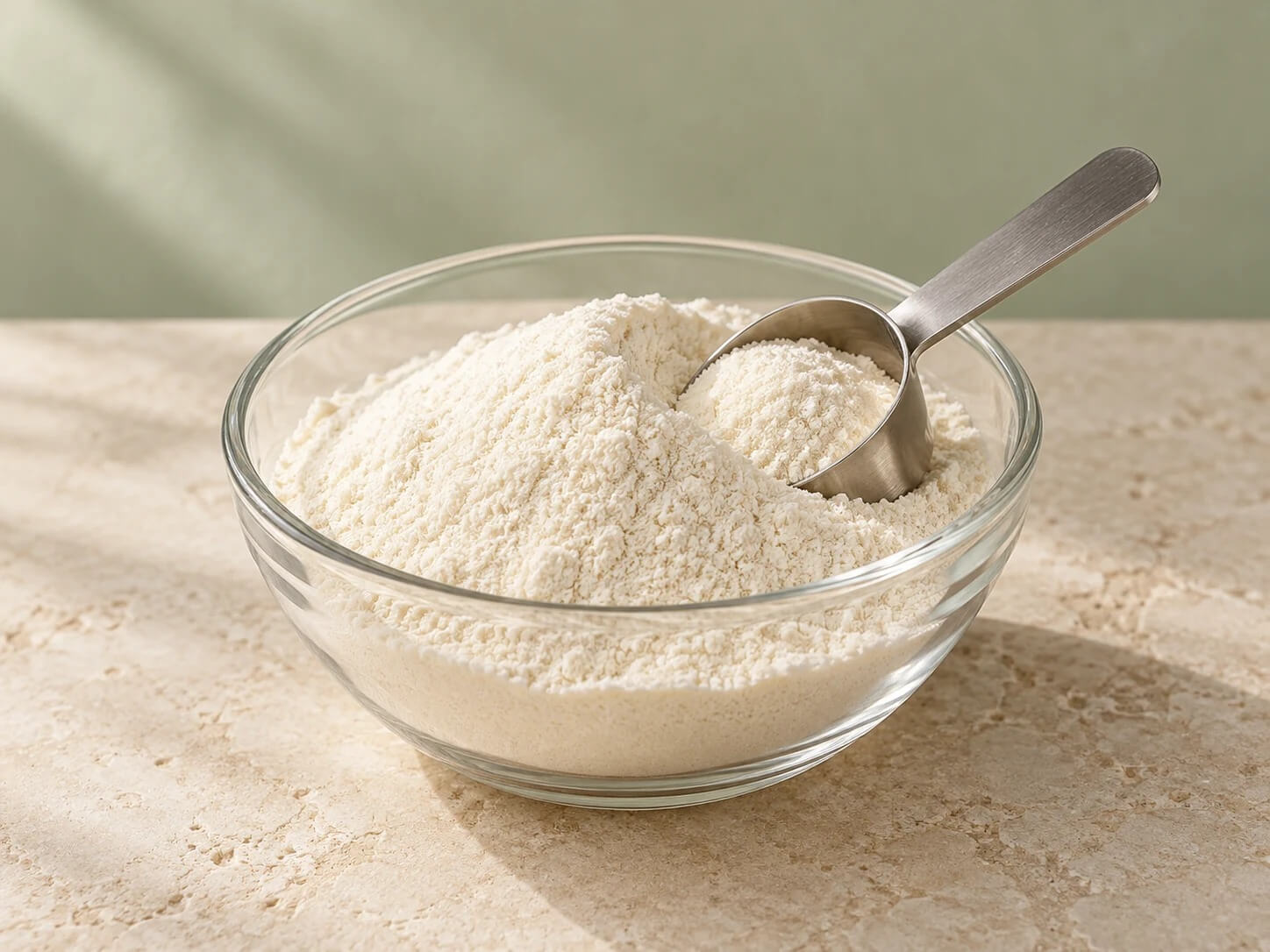 Bowl of white collagen powder with scoop