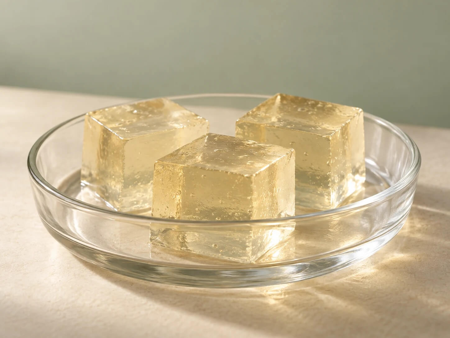 Three collagen translucent gelatin cubes on plate
