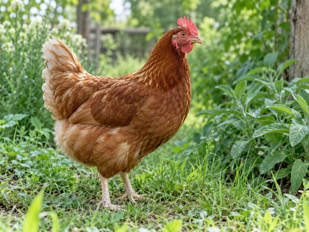 Brown hen standing in green grass.