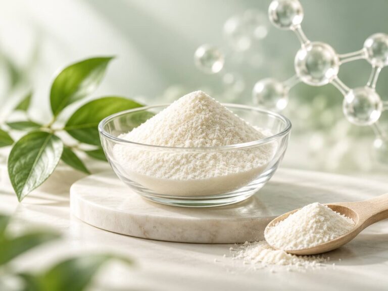 Bowl of collagen powder with leaves