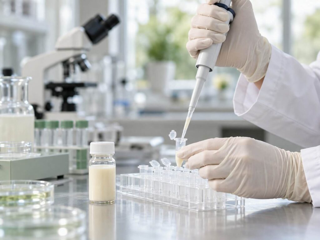Gloved hands pipetting a dairy sample into a laboratory tube