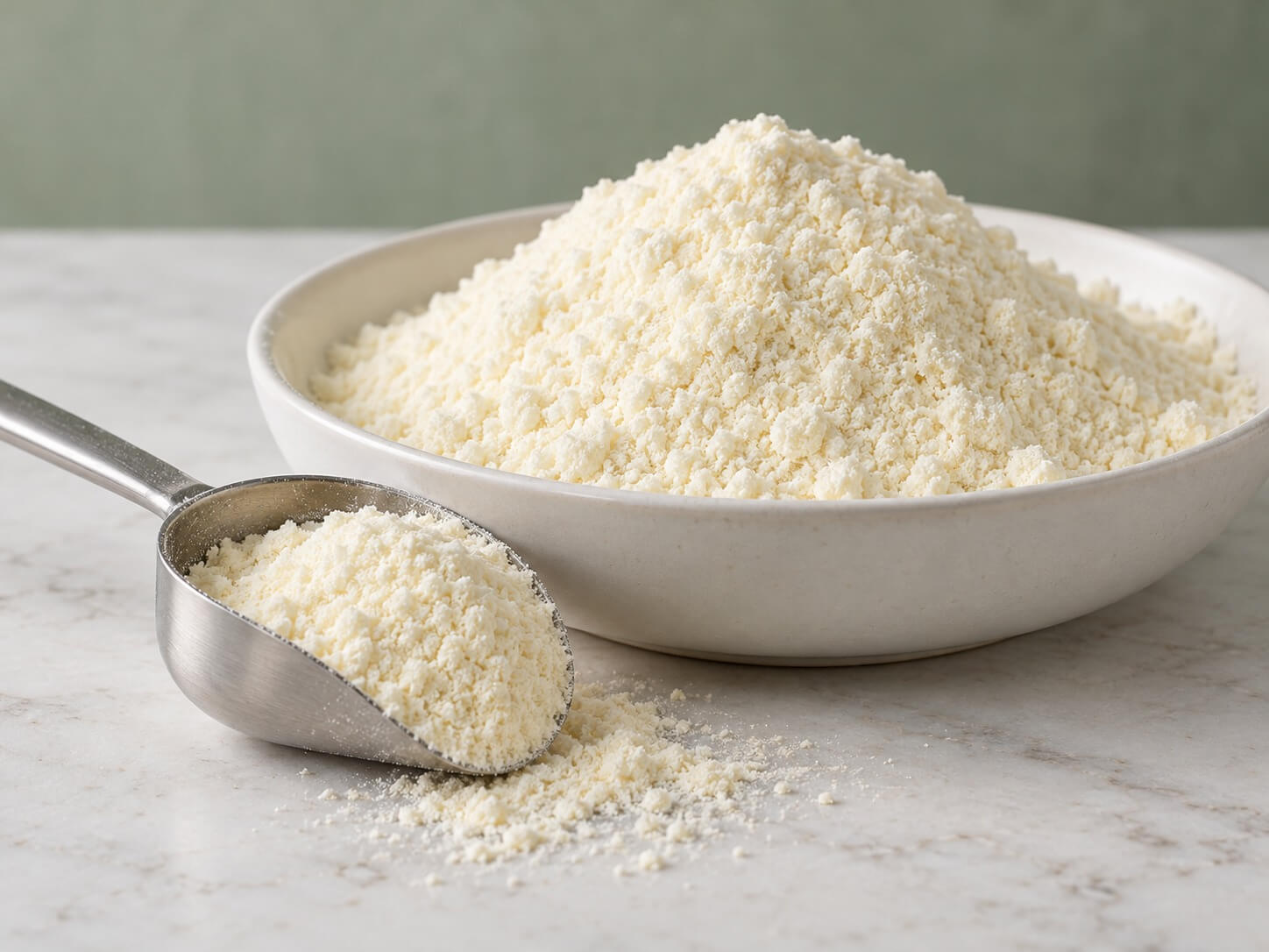 Fine pale dairy colostrum powder in a white dish with a metal scoop