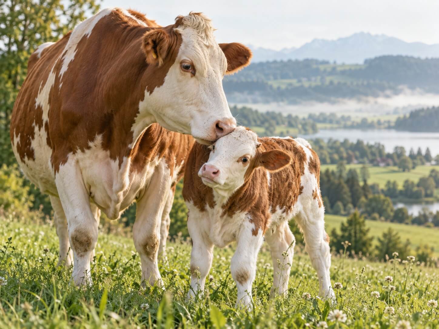 Brown-and-white cow nuzzling her calf in a green pasture