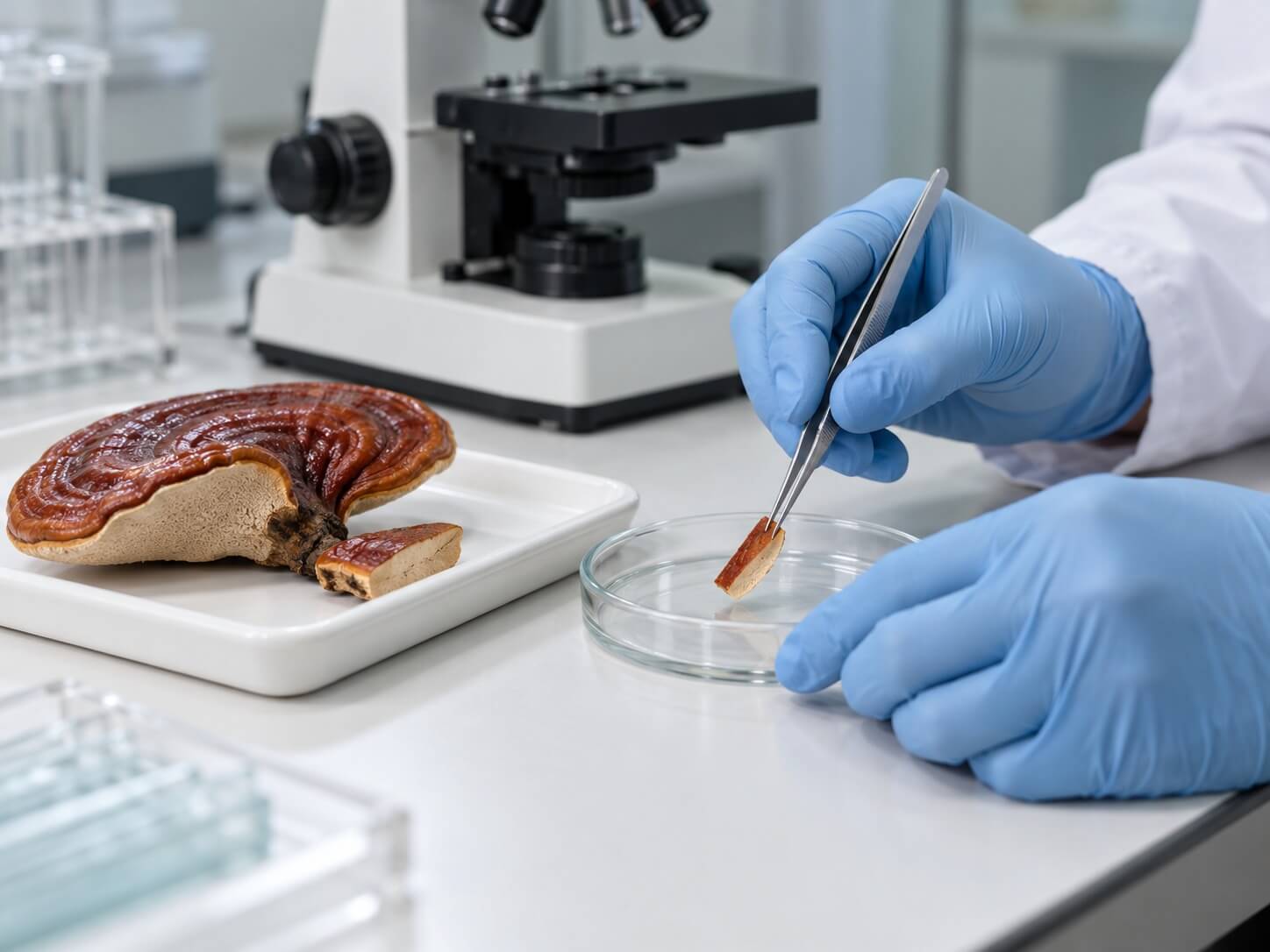 Scientist examining reishi mushroom sample.