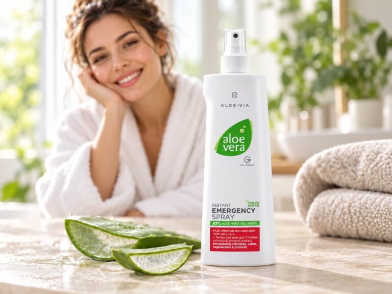 Lr Aloe Vera Emergency Spray and smiling woman
