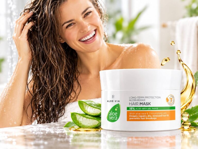 Smiling woman with Aloe Vera Hair Mask for Damaged Hair