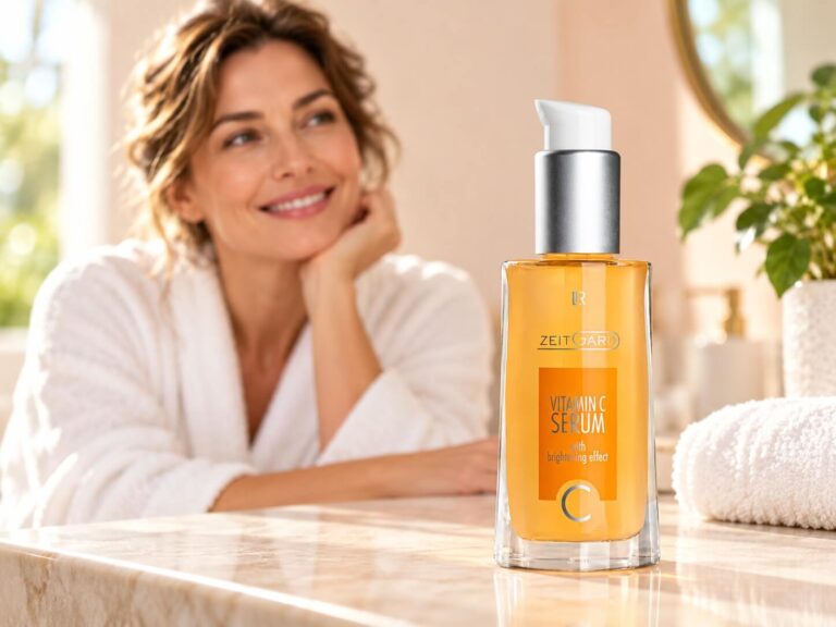 Woman in a bathrobe smiling at a bathroom counter with LR Zeitgard Vitamin C Serum