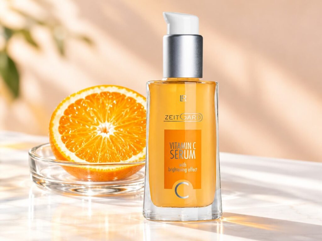 LR Zeitgard vitamin C face serum with brightening effect next to a fresh orange half on marble