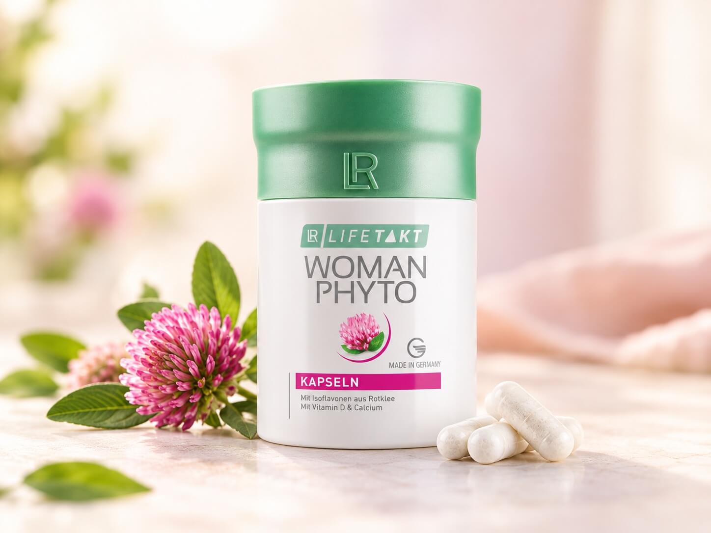 Red clover capsules with floral background